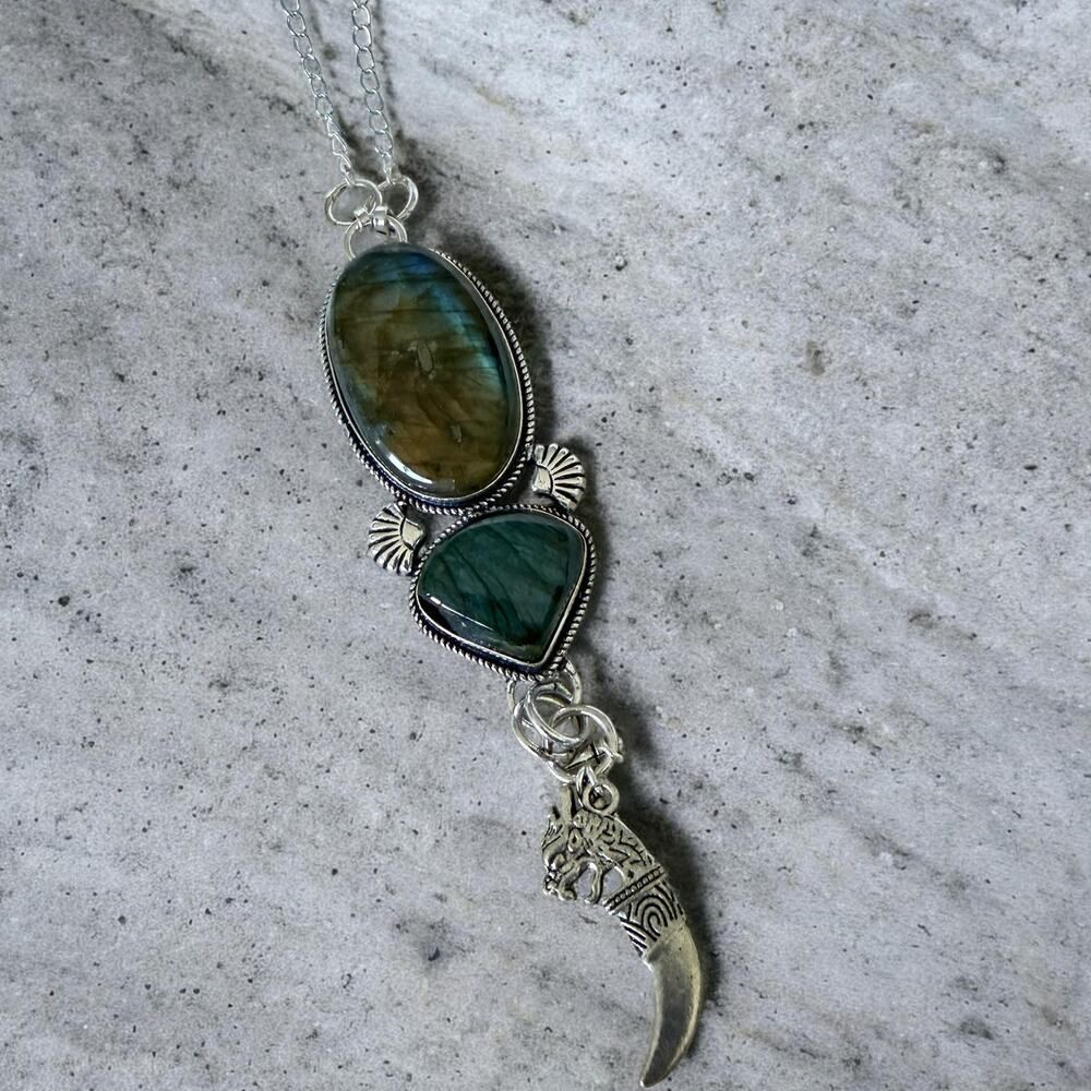 Large Flashy Labradorite Statement Necklace Sterling Silver Overlay